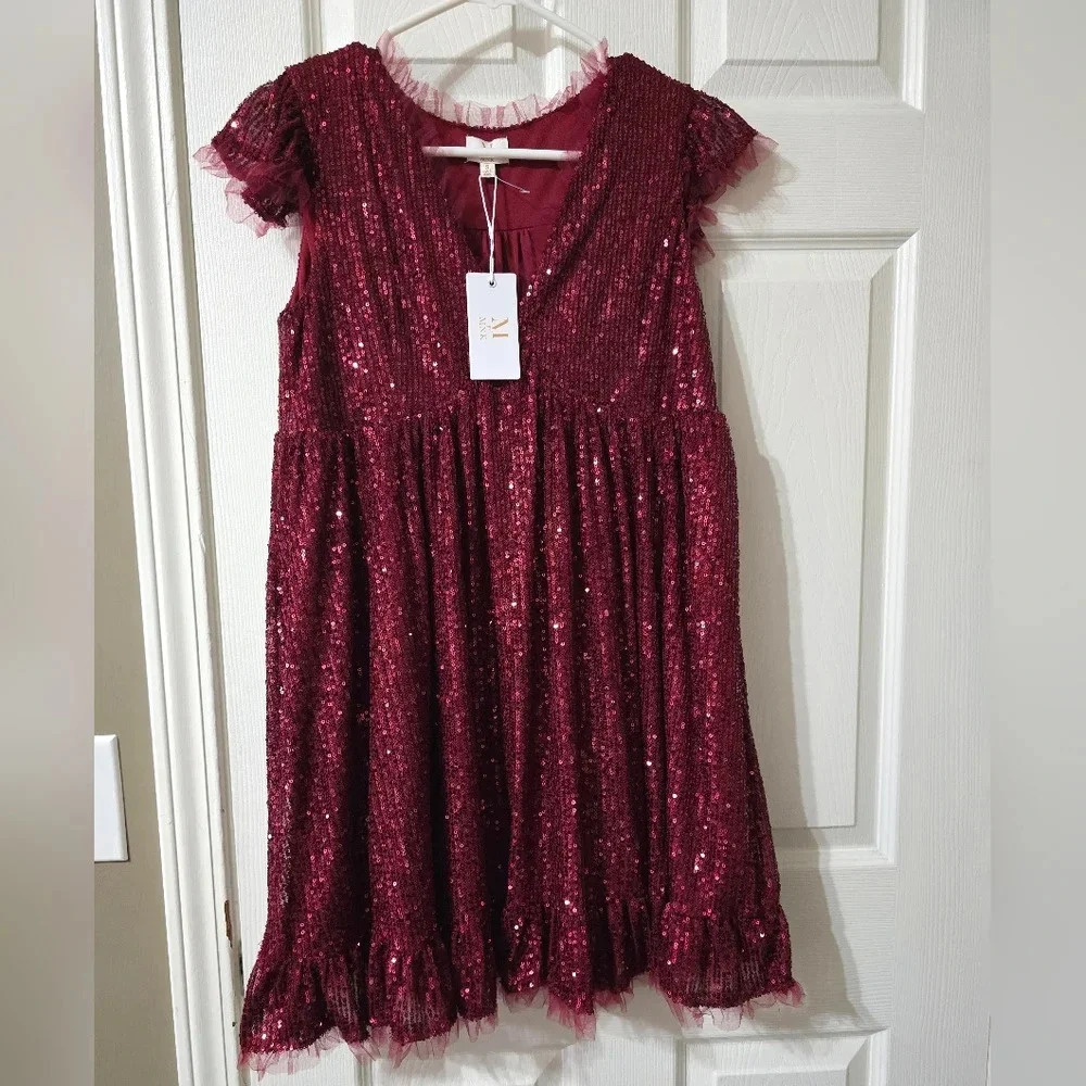 NWT M By MNK Sequined Babydoll Mini Party Dress in Burgundy, Tulle Trim Details.